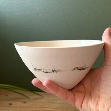 Handmade medium porcelain bowl, fits comfortably in the hand, glazed interior, polished exterior, Canadian-made, Echo Collection, bird soundwave design