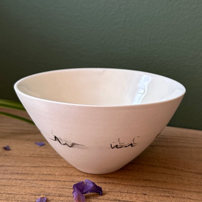 Artisan medium porcelain bowl, hand-thrown, tactile polished surface, Canadian-made, Echo Collection with hand-drawn bird soundwave decoration