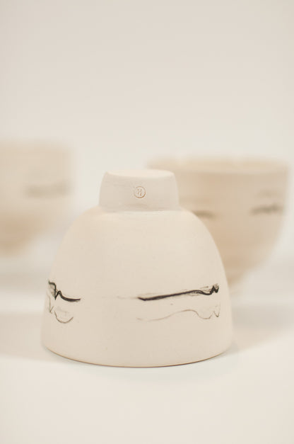 Hand-thrown porcelain cortado cup, Echo Collection, hand-decorated Pewee soundwave, lightweight and robust, Canadian craftsmanship