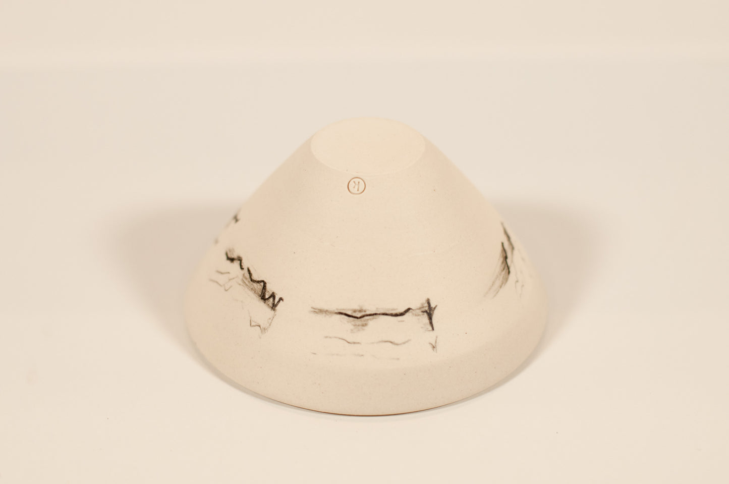 Wheel-thrown artisan porcelain bowl, small batch Canadian ceramics, polished silky smooth exterior, hand-decorated with minimalist bird soundwave, Echo Collection