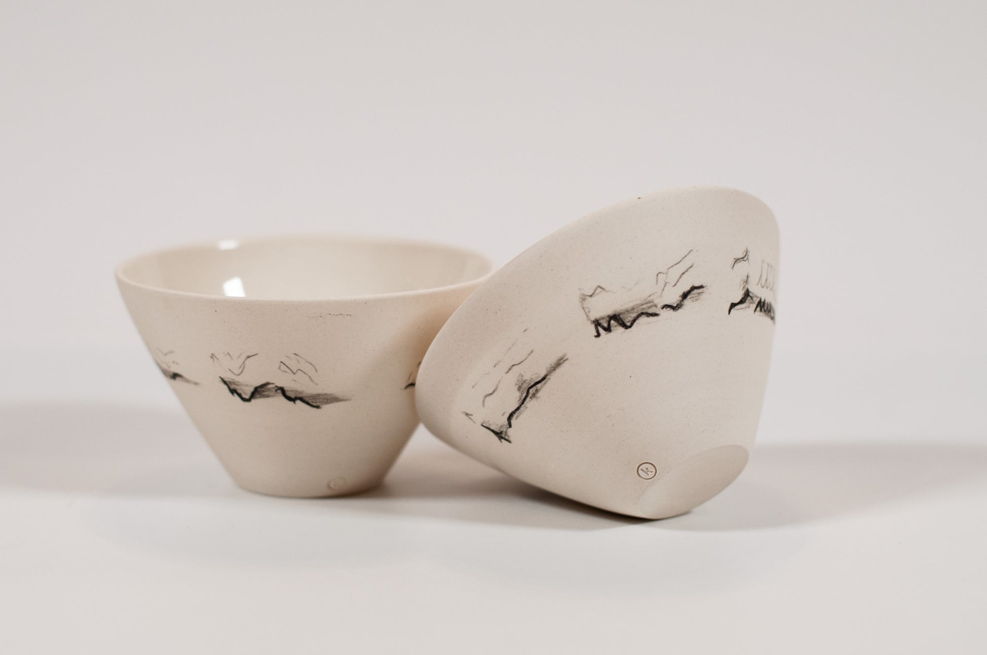 Wheel-thrown artisan small bowl, small batch Canadian ceramics, polished silky smooth exterior, hand-decorated with minimalist bird soundwave, Echo Collection