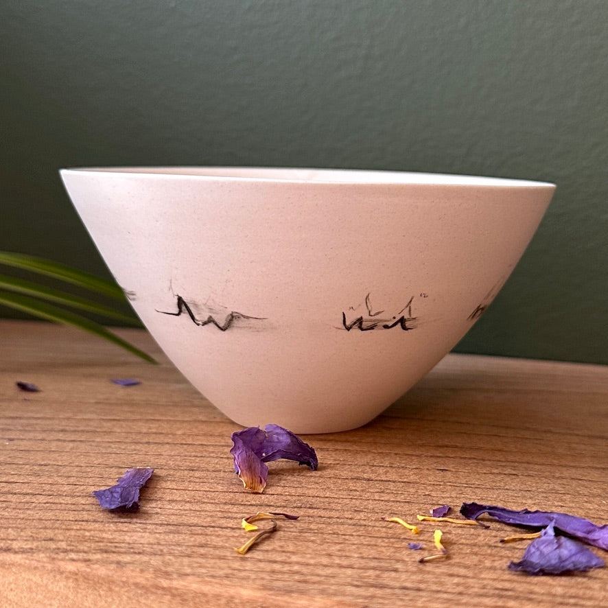 Wheel-thrown medium porcelain bowl, minimalist design, hand-decorated with bird soundwave, Echo Collection, polished exterior, glazed interior