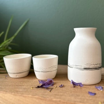 Three ceramic items on a wooden surface with a green plant in the background
